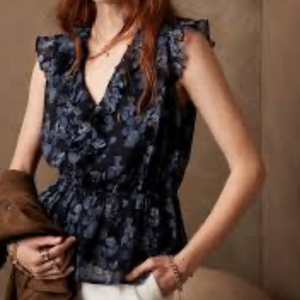 Banana Republic Factory Flutter Sleeve Peplum Blouse Floral Print Ruffled V-neck - Picture 2 of 11